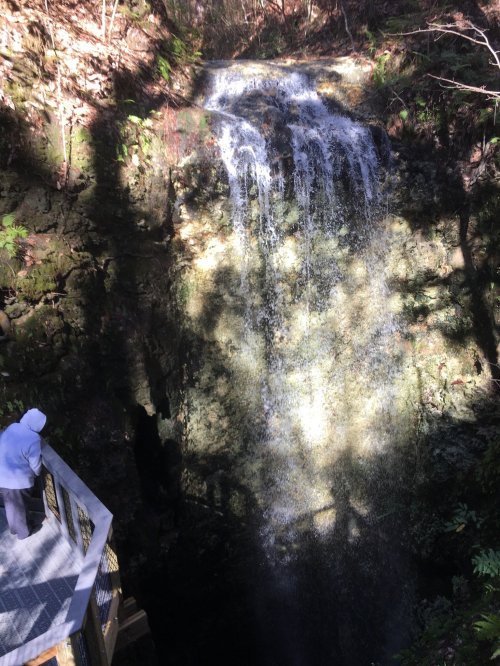 A waterfall cascades down rocky cliffs, surrounded by lush greenery, with a person standing on a viewing platform nearby.