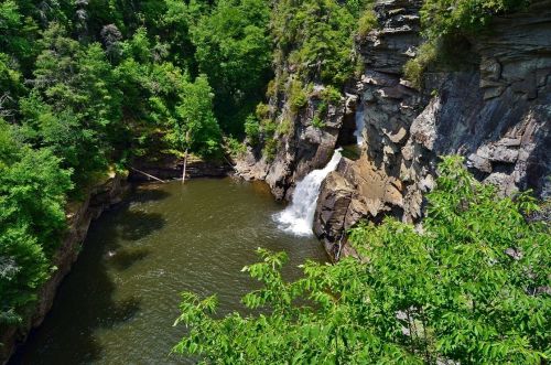 A serene waterfall cascades into a tranquil pool, surrounded by lush green trees and rocky cliffs.