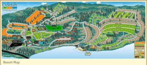 Map of Odettah Camping Resort, showing accommodations, amenities, and layout of the area amidst mountains and trees.