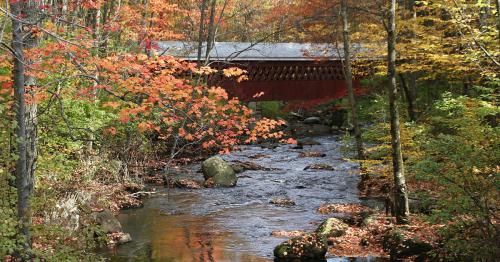 A covered bridge spans a serene stream, surrounded by vibrant autumn foliage and colorful leaves.
