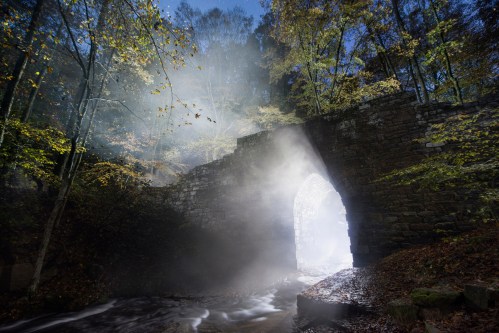 A misty stone archway in a forest, illuminated by soft light, with a stream flowing nearby and autumn leaves scattered.