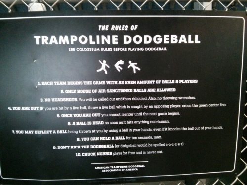 Sign listing the rules for trampoline dodgeball, including player guidelines and game conduct.