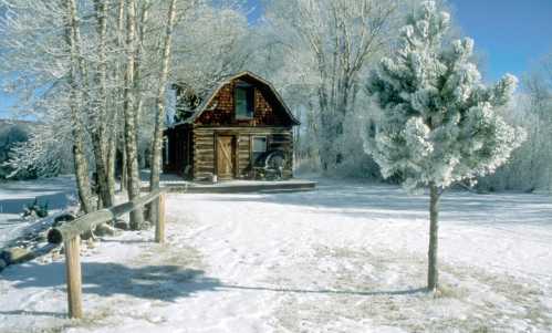 A cozy log cabin surrounded by snow-covered trees and a frosty landscape on a clear winter day.