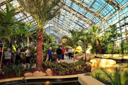 A vibrant greenhouse filled with tropical plants and visitors exploring the lush landscape under a glass ceiling.