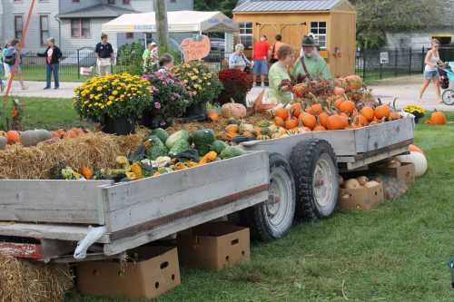 A farmer arranges colorful pumpkins and gourds on a trailer at a fall market, with visitors in the background.