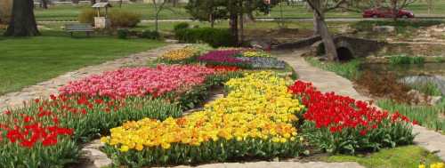 A vibrant garden featuring colorful tulips in red, pink, yellow, and purple arranged in a flowing pattern.