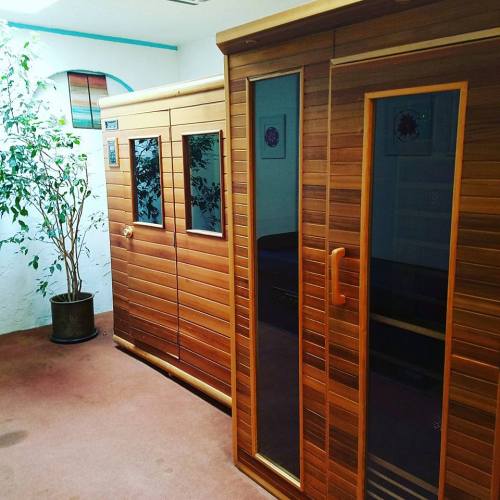 Two wooden saunas with glass doors, surrounded by a potted plant in a well-lit indoor space.