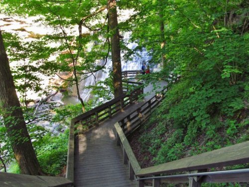 A winding wooden path through lush greenery, leading to a waterfall in the background. Two people are visible near the falls.