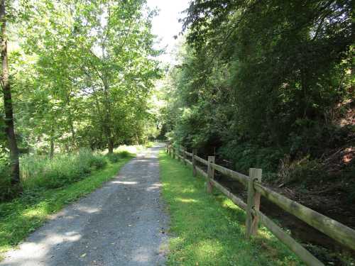 A peaceful gravel path lined with trees and a wooden fence, leading through a lush green landscape.