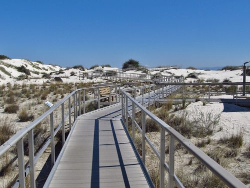A wooden walkway leads through sandy dunes with sparse vegetation under a clear blue sky.