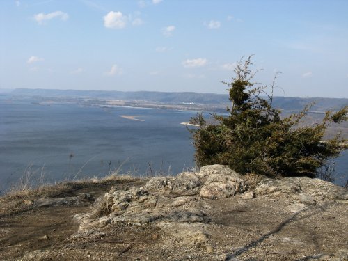 A rocky overlook with a small tree, overlooking a wide river and distant hills under a clear blue sky.