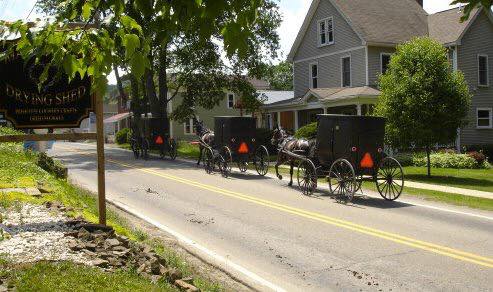 A line of horse-drawn buggies travels down a quiet street, with houses and trees lining the road.