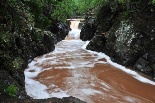 A rushing brown river flows through rocky terrain, surrounded by lush green trees and mossy rocks.