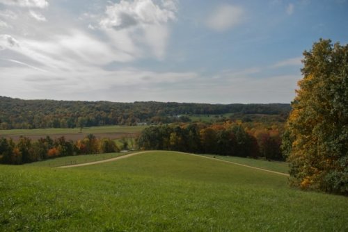 A scenic landscape featuring rolling hills, lush green grass, and colorful autumn trees under a partly cloudy sky.