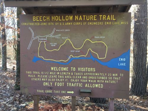 Map of Beech Hollow Nature Trail, detailing the route, length, and visitor guidelines at Enid Lake, Mississippi.