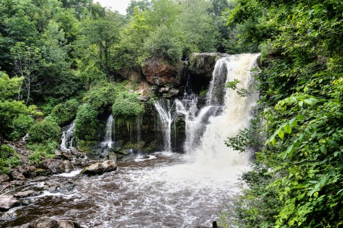 A cascading waterfall surrounded by lush green trees and rocky terrain, with water flowing into a brown river below.