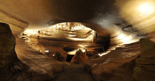 A dimly lit cave interior with textured rock formations and stalactites hanging from the ceiling.