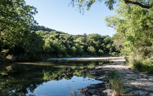 A serene riverbank scene with lush greenery and calm water reflecting the trees under a clear blue sky.