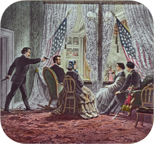 A historical scene depicting a group of people in formal attire observing a performance behind lace curtains.