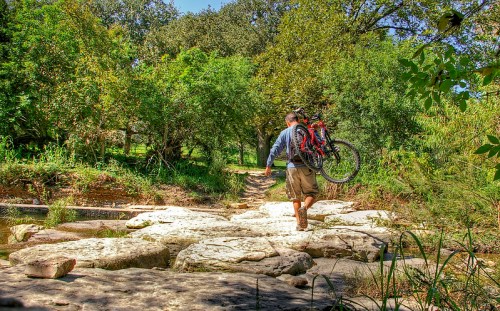 A person carries a bicycle across rocky terrain in a lush, green outdoor setting.