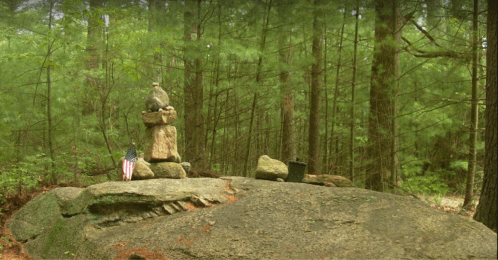A stone monument on a large rock in a lush green forest, with an American flag and a small pot nearby.