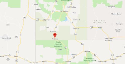 Map showing the location of Ardmore in the Oglala National Grassland area of South Dakota.