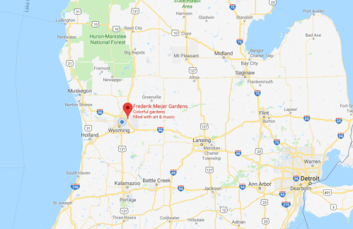 Map showing the location of Frederik Meijer Gardens in Michigan, near colorful gardens and art/music attractions.