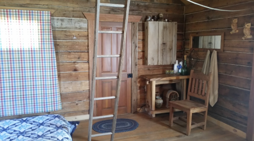 Cozy wooden interior of a cabin featuring a ladder, chair, table, and checkered window curtain.