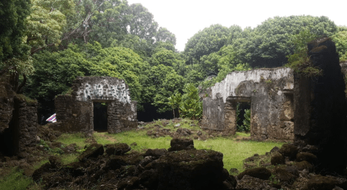 Ruins of stone structures surrounded by lush greenery and trees, with remnants of walls partially covered in moss.