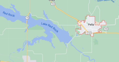 Map showing Pella, Iowa, and nearby Lake Red Rock, with roads and boundaries outlined.