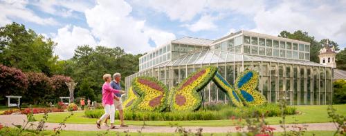 A couple strolls through a garden with colorful butterfly-shaped flower displays and a glass conservatory in the background.