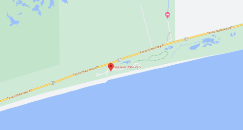 Map showing Sea Rim State Park along Texas State Highway 87, with nearby water and green areas.
