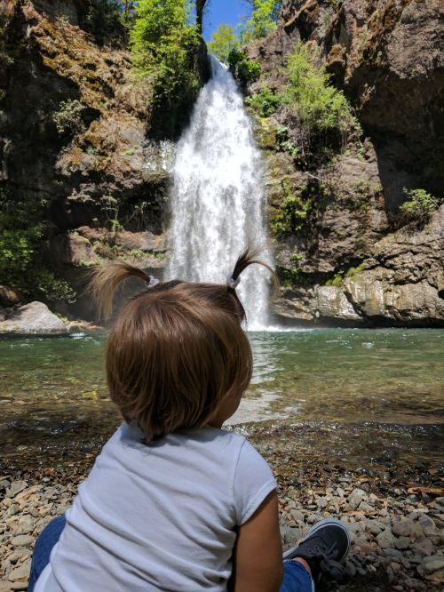 A child with pigtails sits by a clear stream, gazing at a tall waterfall surrounded by lush greenery.