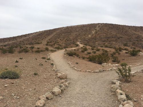 A winding dirt path leads through a barren landscape with sparse vegetation and a hill in the background under a cloudy sky.