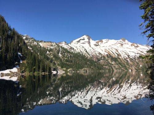 A serene mountain lake reflecting snow-capped peaks and lush green trees under a clear blue sky.