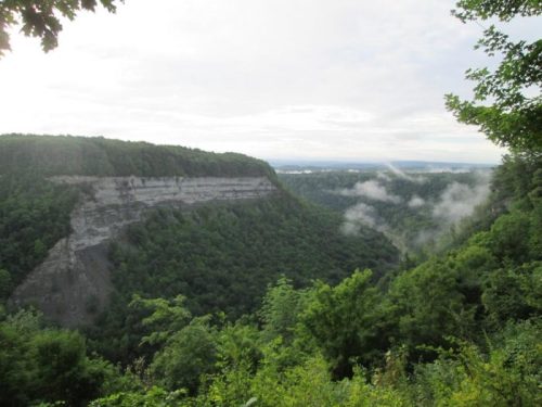 A scenic view of a lush green valley with a steep cliff and mist rising in the distance under a cloudy sky.