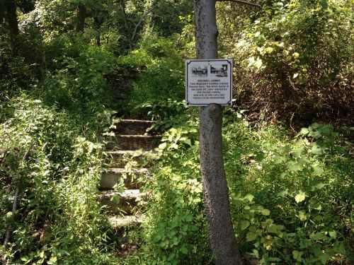 A weathered sign stands beside overgrown stone steps leading into a wooded area.