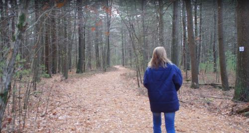 A person walks along a wooded path covered in fallen leaves, surrounded by tall trees in a serene forest setting.