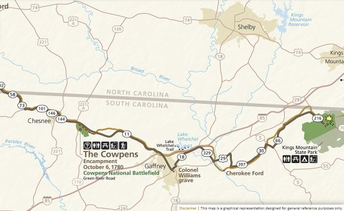 Map showing The Cowpens National Battlefield and King Mountain State Park in North and South Carolina, with key routes marked.