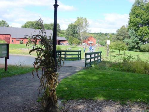 A green bridge leads to a red barn in a scenic outdoor area with trees and a pond under a blue sky.