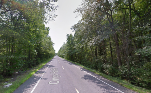 A straight road lined with dense trees on both sides, creating a serene, natural setting.