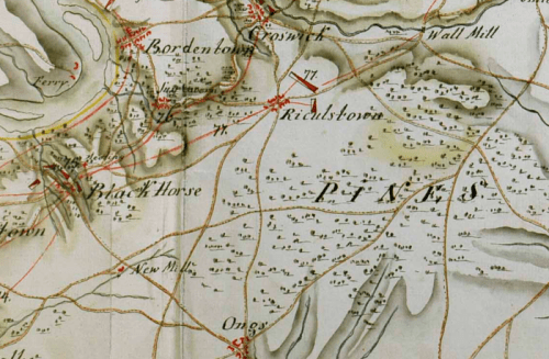 A historical map showing various locations, roads, and topographical features in a rural area.