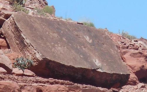 A large, flat rock sits on a rocky hillside under a clear blue sky, surrounded by smaller stones and sparse vegetation.
