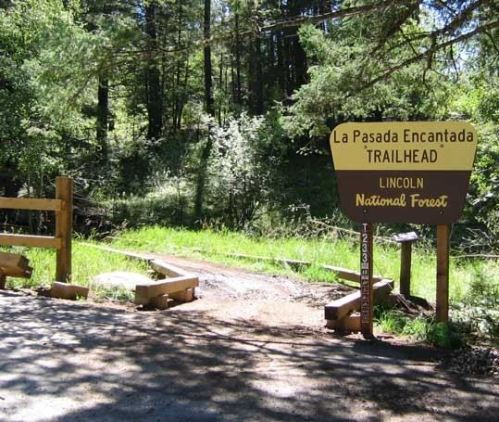 Sign for La Pasada Encantada Trailhead in Lincoln National Forest, surrounded by greenery and trees.