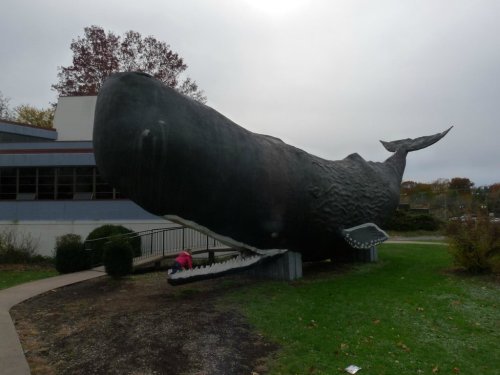 A large whale sculpture outside a building, with a child exploring near its mouth on a cloudy day.