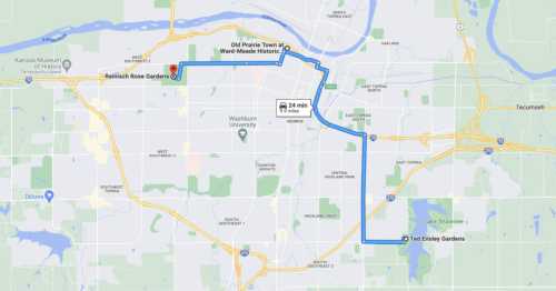 Map showing directions from Reinisch Rose Gardens to Old Prairie Town at Ward-Meade Historic Site, 29 minutes drive.