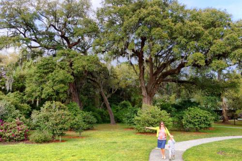 A woman and a child walk along a path in a lush park with large trees and greenery.
