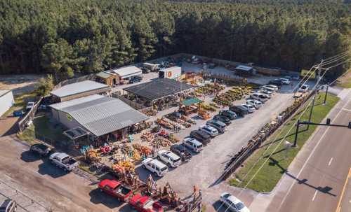 Aerial view of a bustling farm market with colorful produce, surrounded by trees and parked cars along a road.