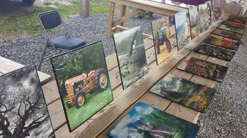 A row of paintings displayed on a wooden table, featuring landscapes, a tractor, and various rural scenes.