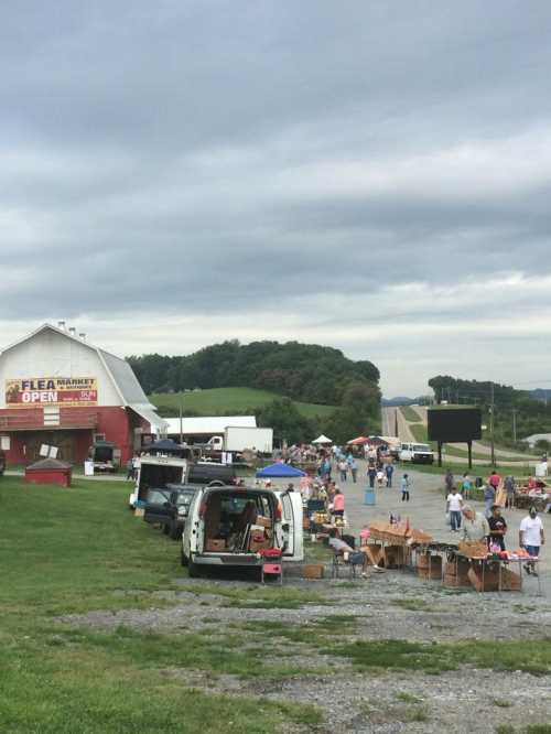 A bustling flea market with vendors and shoppers, set against a cloudy sky and green hills in the background.